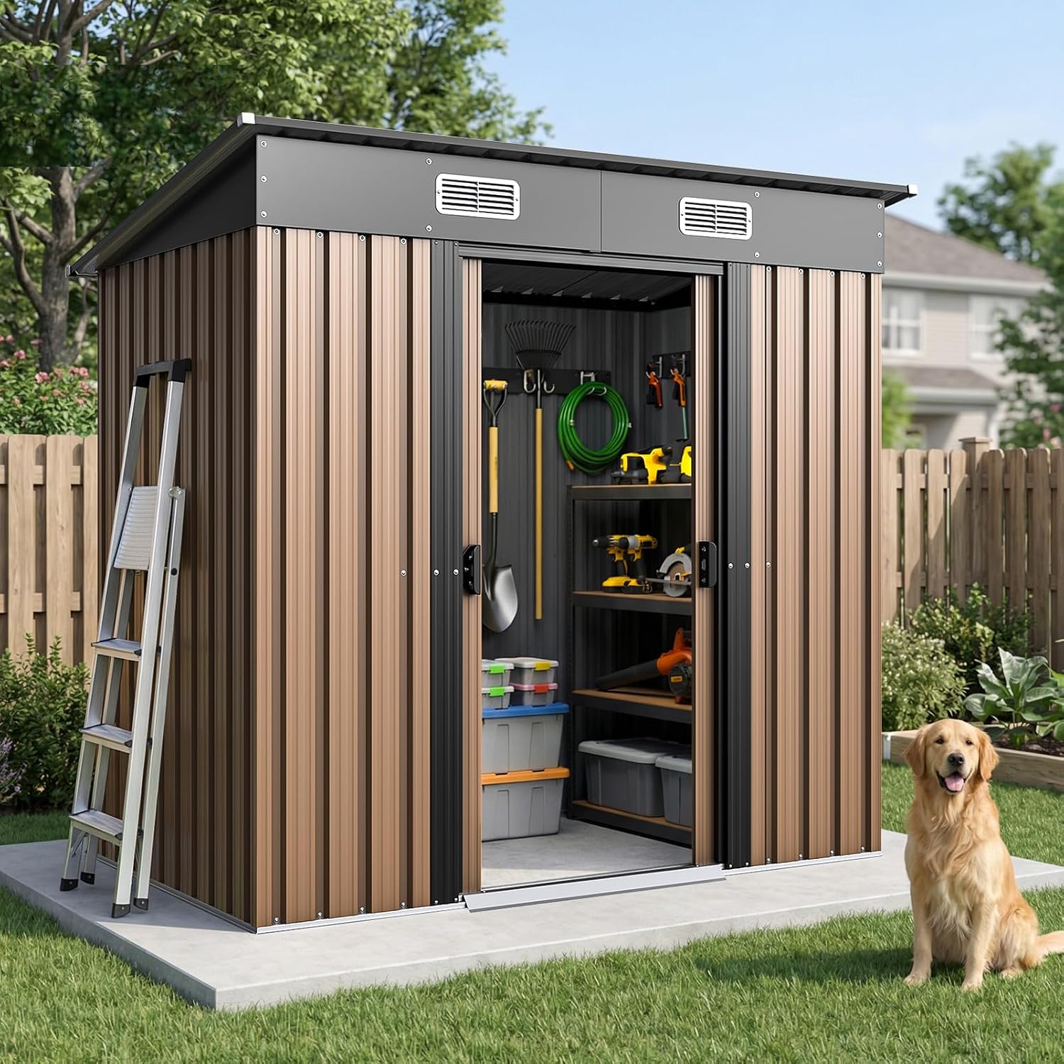Gardening Tools In Store - Brown 6x4Ft Metal Outdoor Storage Shed